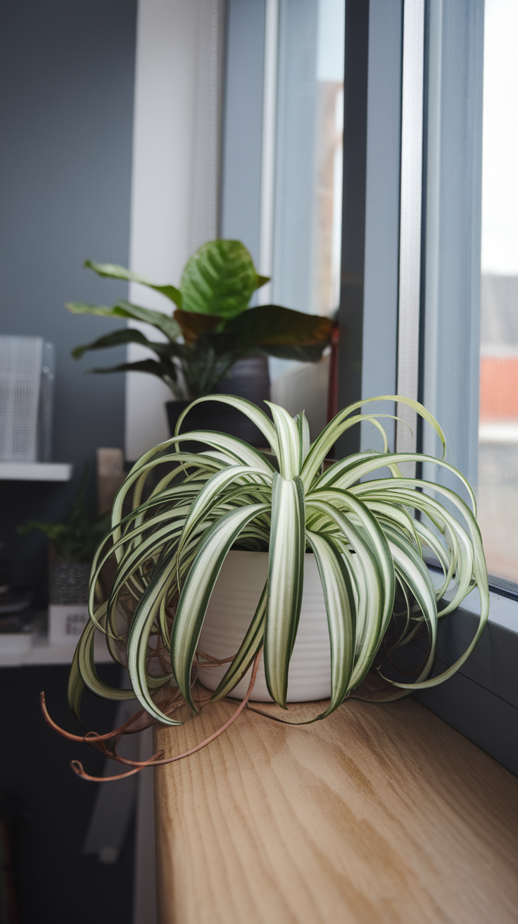 A lush spider plant with long, arching leaves in a bright interior setting.