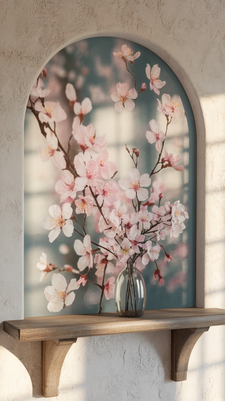 A beautiful display of pink spring blossoms in a vase against a soft blue background, enhancing home office decor.