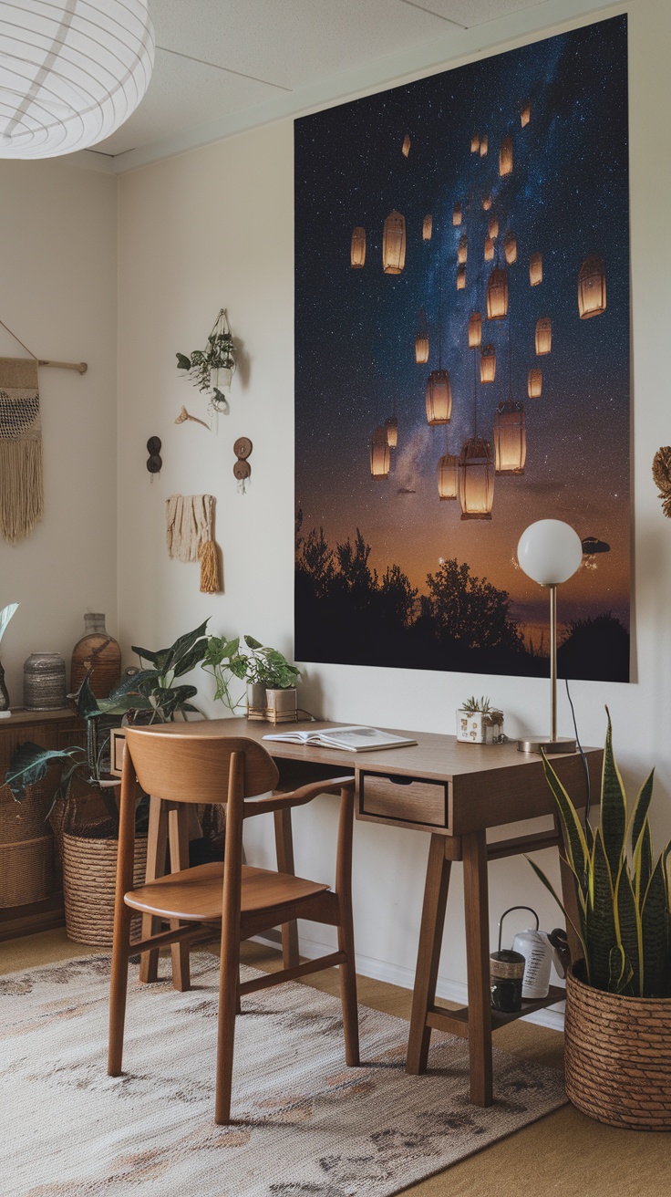 A home office with a starlit night sky wall art featuring lanterns against a cosmic backdrop.