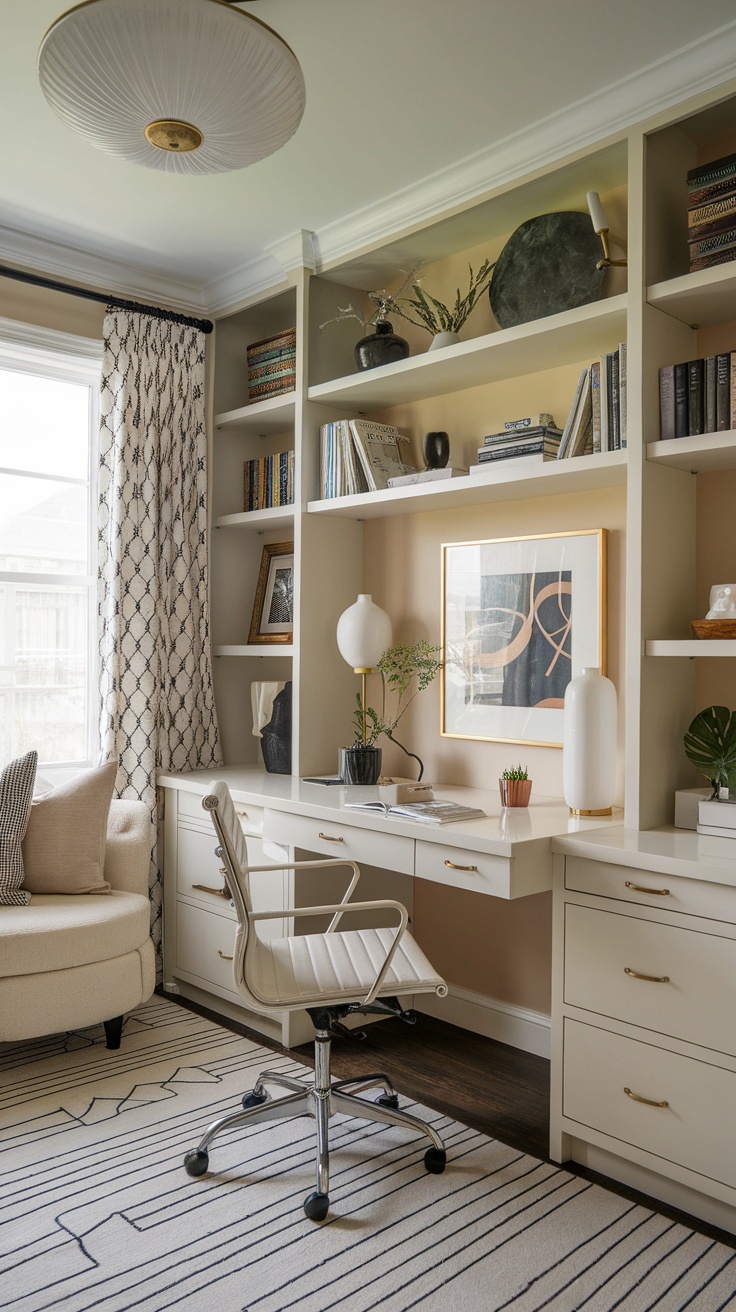 A stylish home office featuring a desk with built-in shelves filled with books and decor, a comfortable chair, and warm lighting.