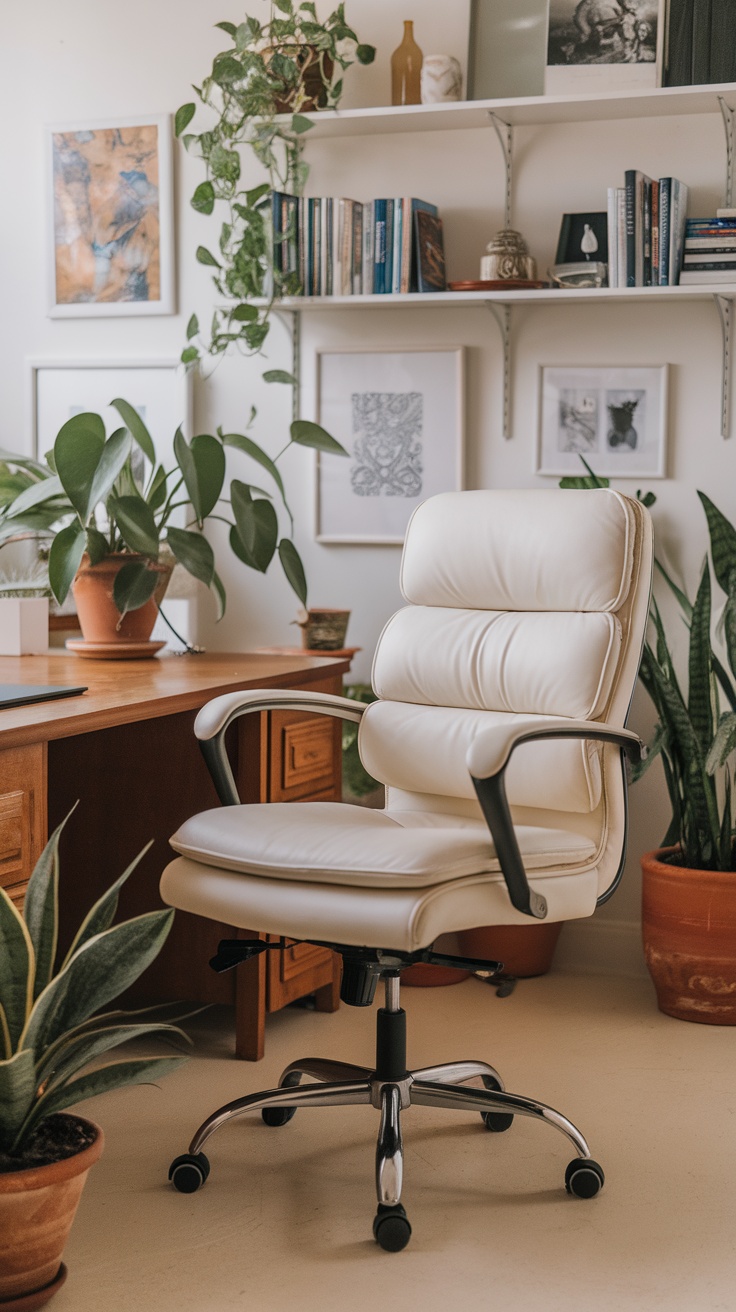 A stylish cream office chair in a well-decorated home office with plants and shelves.