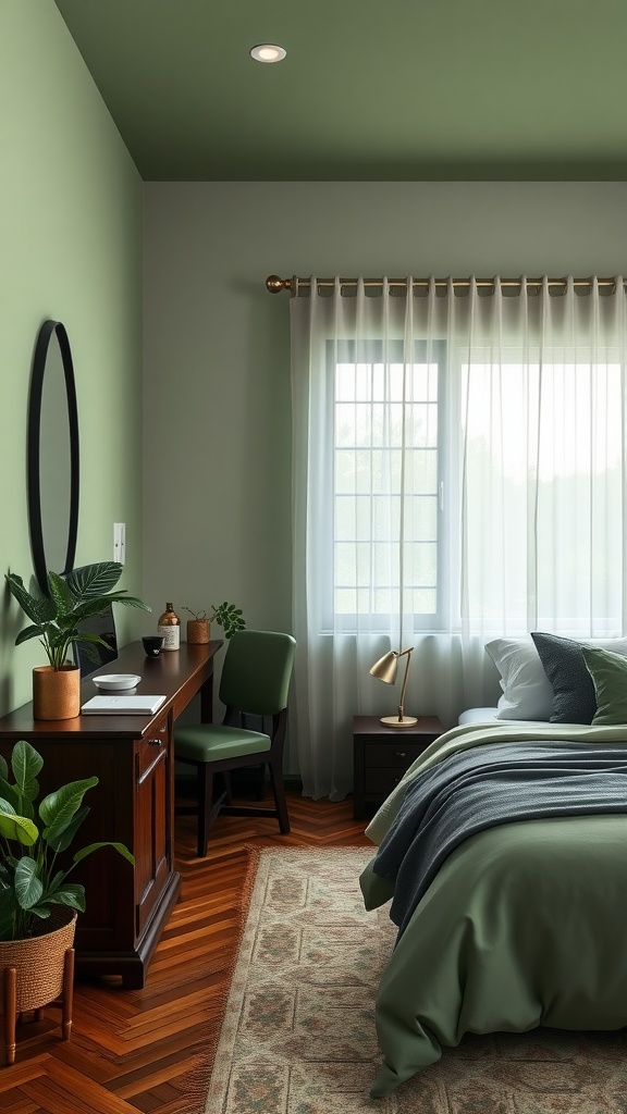 A cozy bedroom featuring subtle green walls, a dark wood desk, and plants.