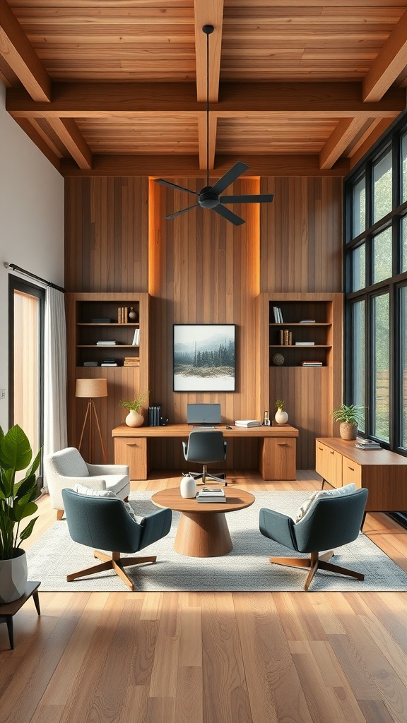 A modern farmhouse executive office featuring wooden beams, sleek furniture, and cozy seating areas.