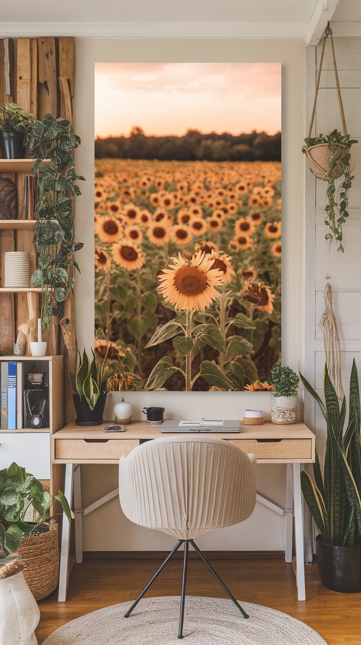 A cozy home office with a sunflower field canvas on the wall, featuring a desk and plants.