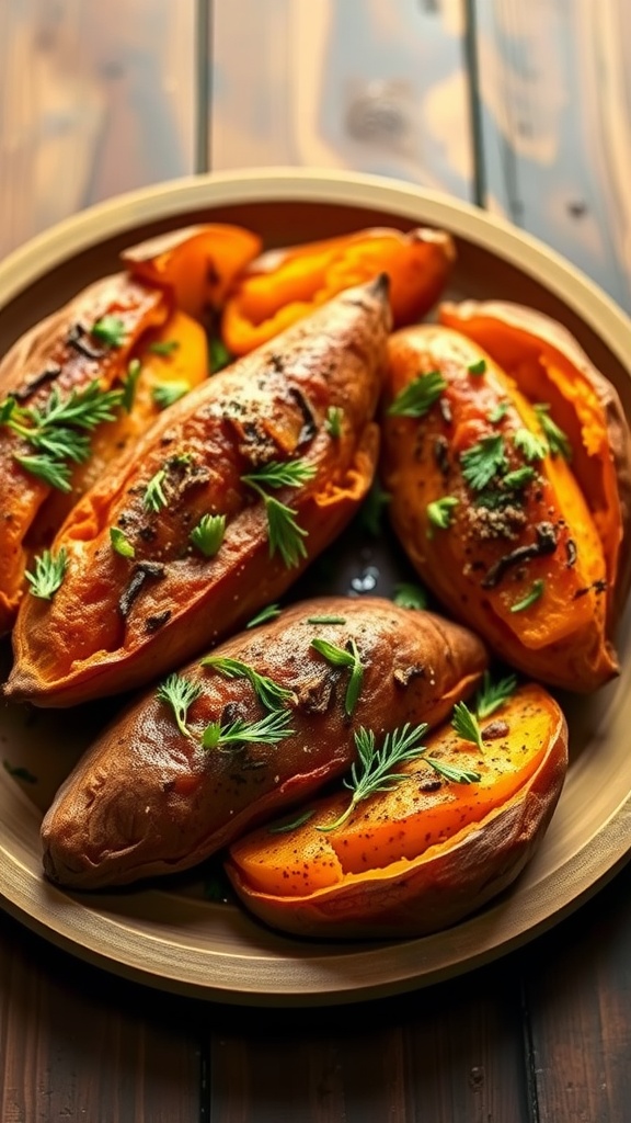 A plate of roasted sweet potatoes garnished with herbs, showcasing their vibrant color and texture.