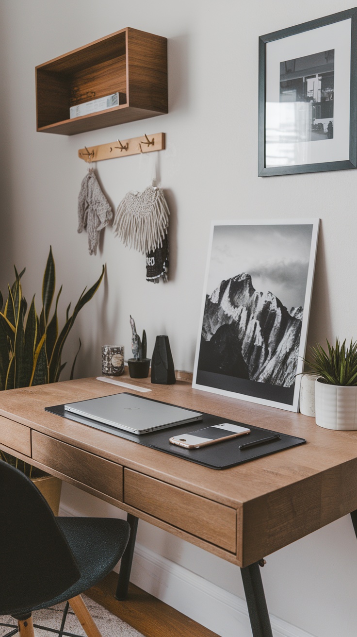 A modern, tech-friendly home office setup featuring a wooden desk with a laptop, smartphone, and decorative plants.