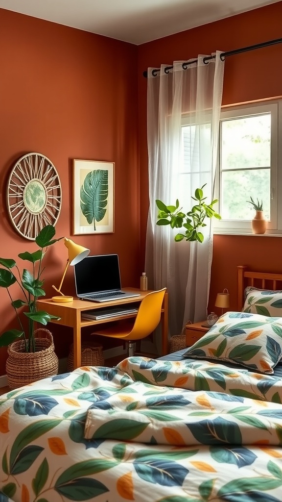 Cozy bedroom with terra cotta walls, leaf-patterned bedding, and a small work desk.