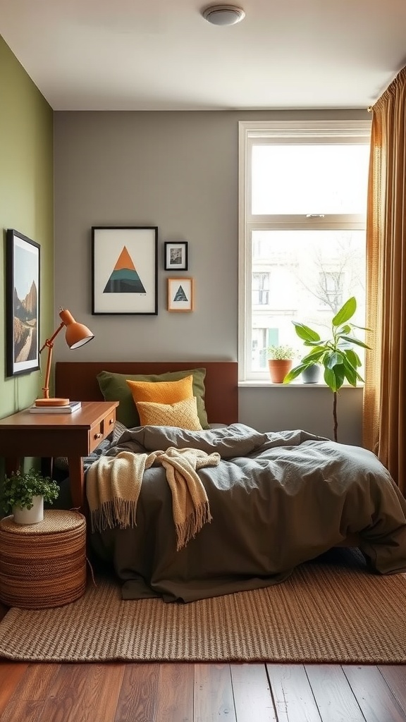 Cozy bedroom with olive green walls, brown accents, and a work from home setup.