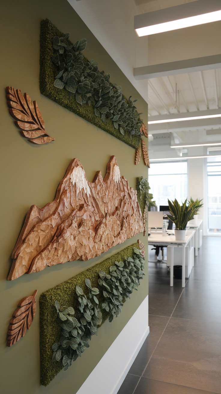 Textured wood artwork with a mountain design and leafy elements on a green wall in a modern office