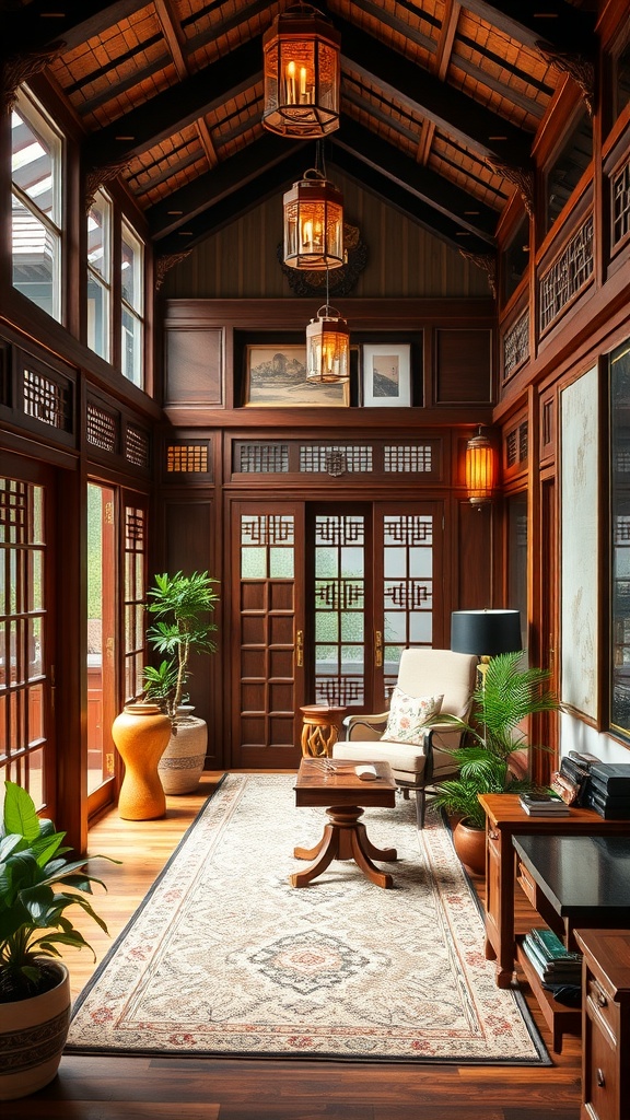 A beautifully designed interior showcasing Thai traditional elements with wooden architecture, natural light, and plants.