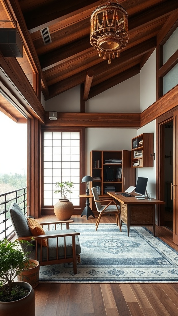 A stylish home office with Tibetan influence, featuring wooden elements, a cozy seating area, and natural lighting.