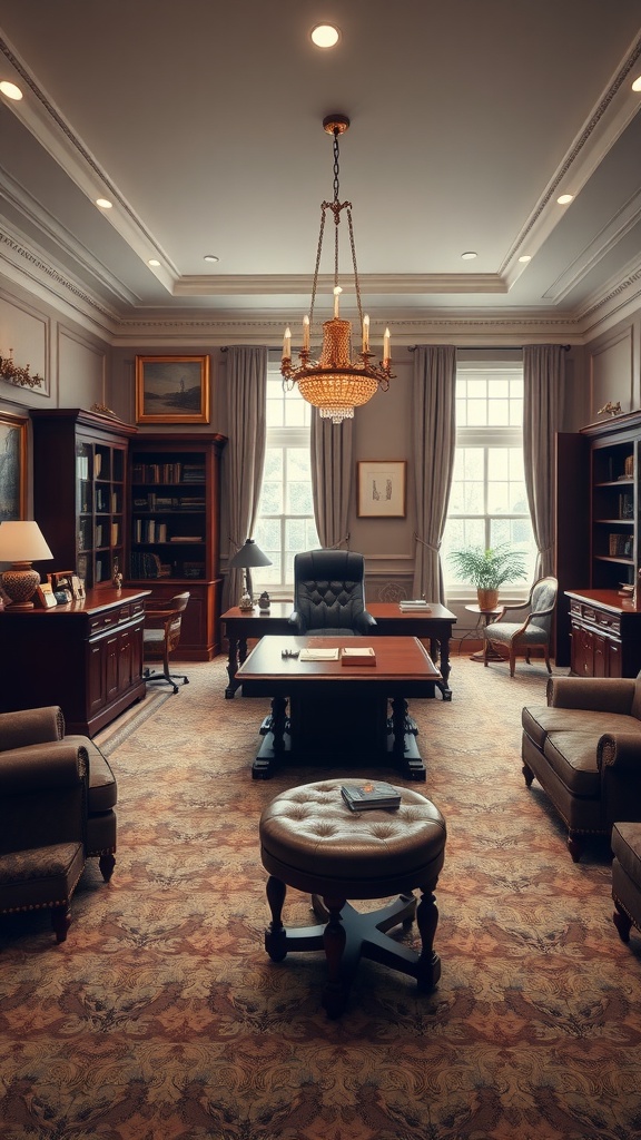 A luxurious executive office with Colonial design elements, featuring a grand chandelier, dark wood furniture, and elegant decor.