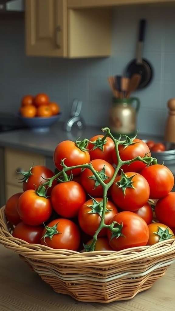 A basket filled with fresh, ripe tomatoes in a kitchen setting.