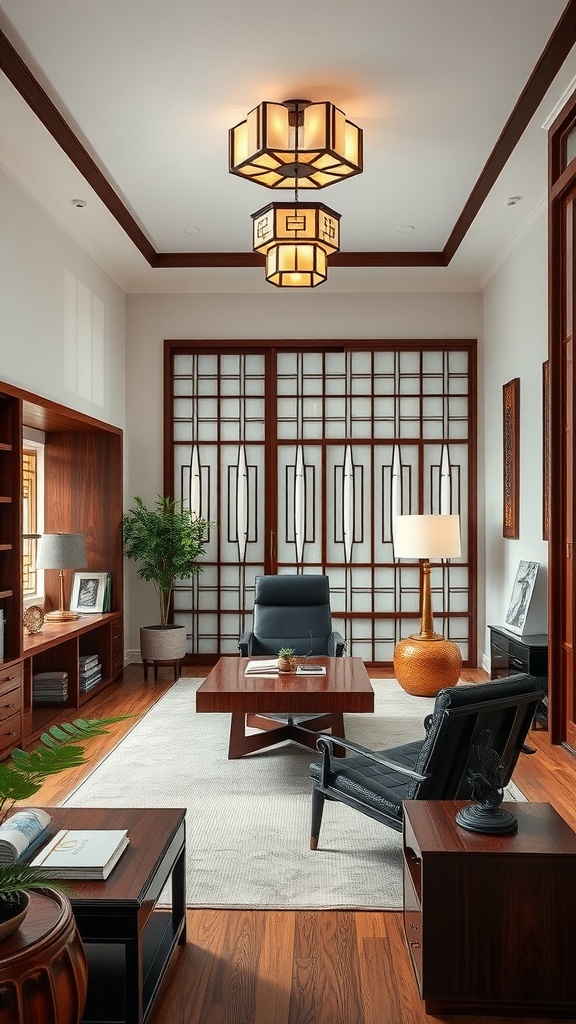A modern home office featuring traditional Asian elements, with wooden furniture, shoji screens, and elegant lighting.