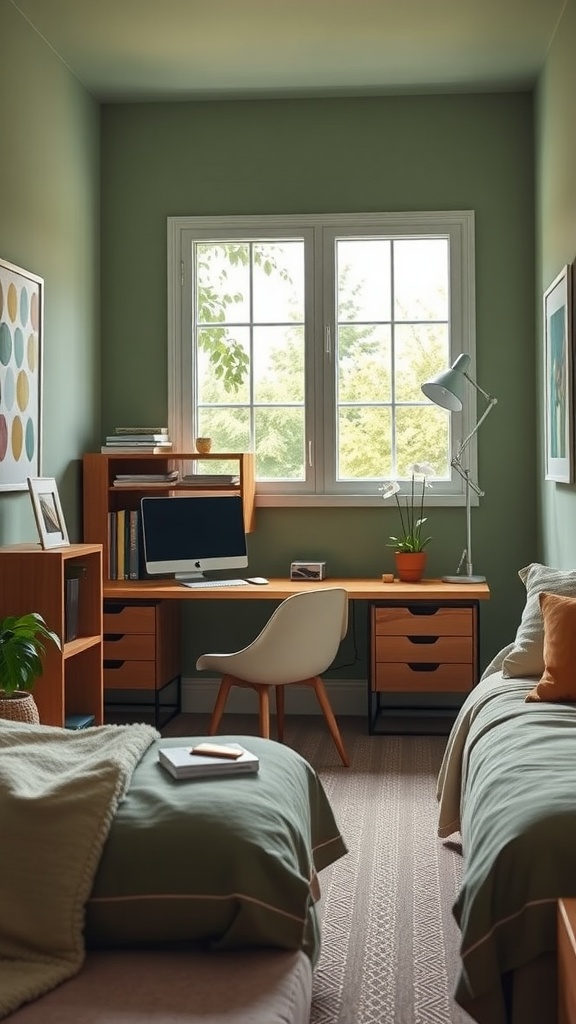 Cozy home office with green walls, a stylish desk facing a window, and twin beds.