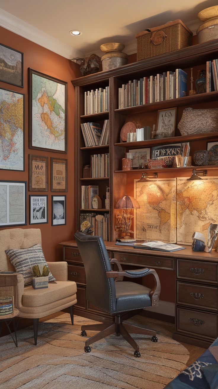 A travel-inspired home office featuring a warm color scheme, maps on the walls, a cozy reading chair, and a well-organized desk.