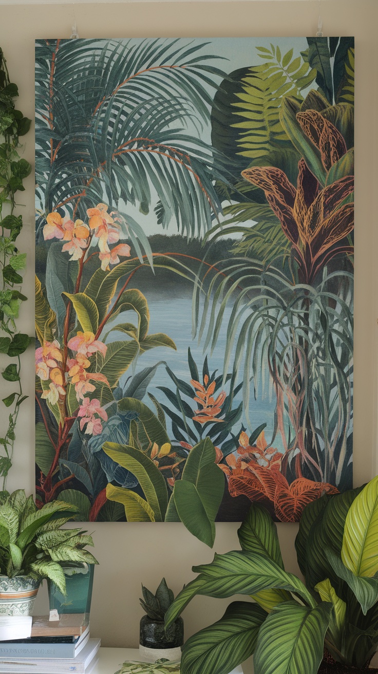 Tropical jungle scene wall art featuring vibrant greens and colorful flowers, complemented by potted plants.