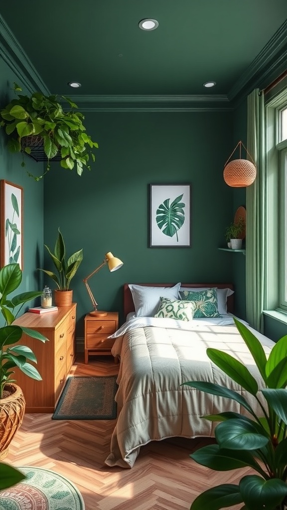 A cozy bedroom with deep green walls, a neatly made bed, a small desk, and lush indoor plants.