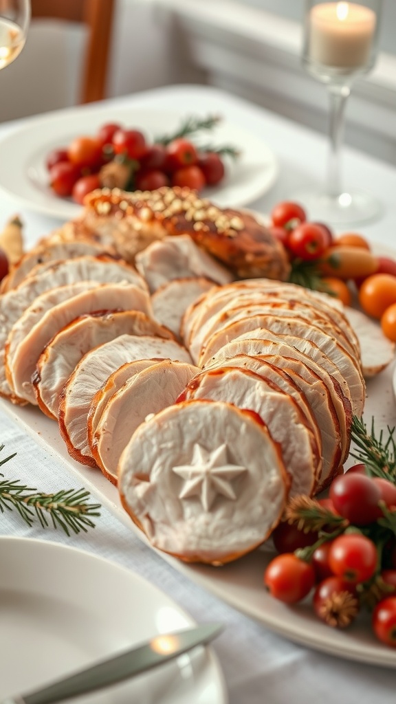 Sliced turkey on a platter with fresh tomatoes and decorative elements.