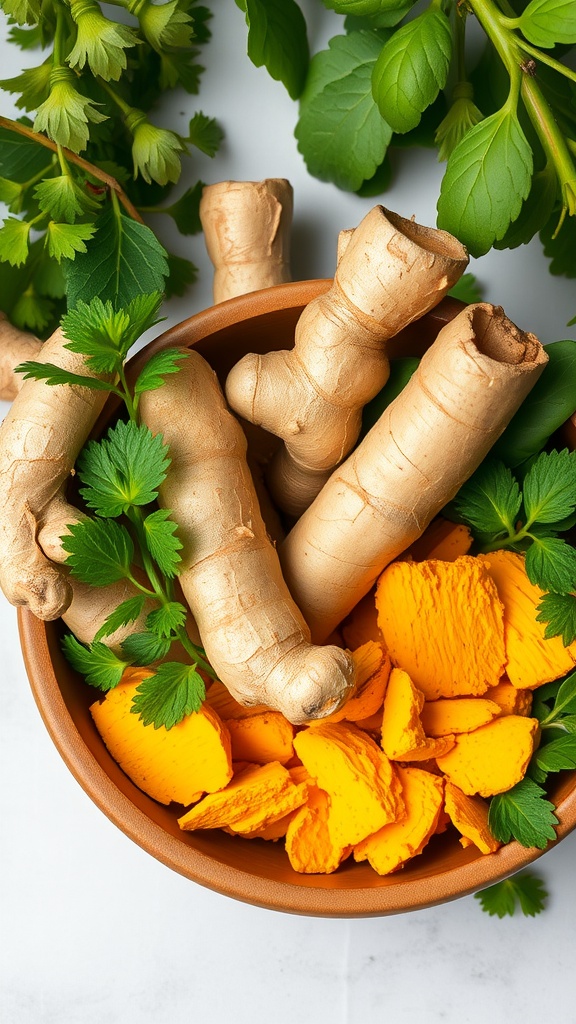 A bowl filled with fresh turmeric roots, ginger roots, and green herbs, showcasing the vibrant colors of these anti-inflammatory ingredients.