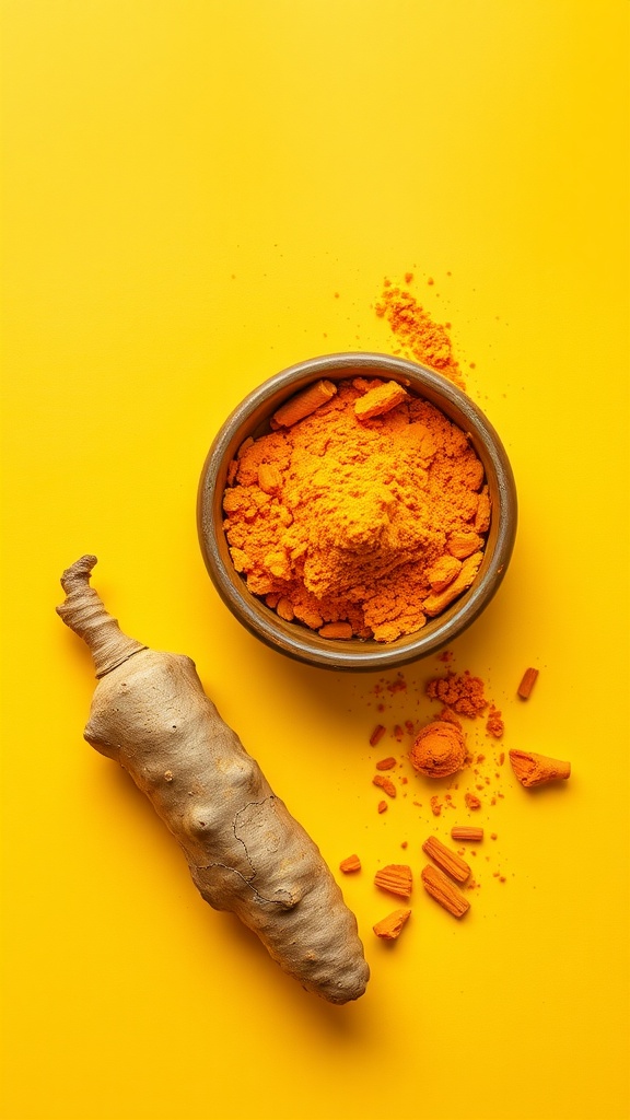 A bowl of vibrant orange turmeric powder next to a fresh turmeric root, set against a bright yellow background.