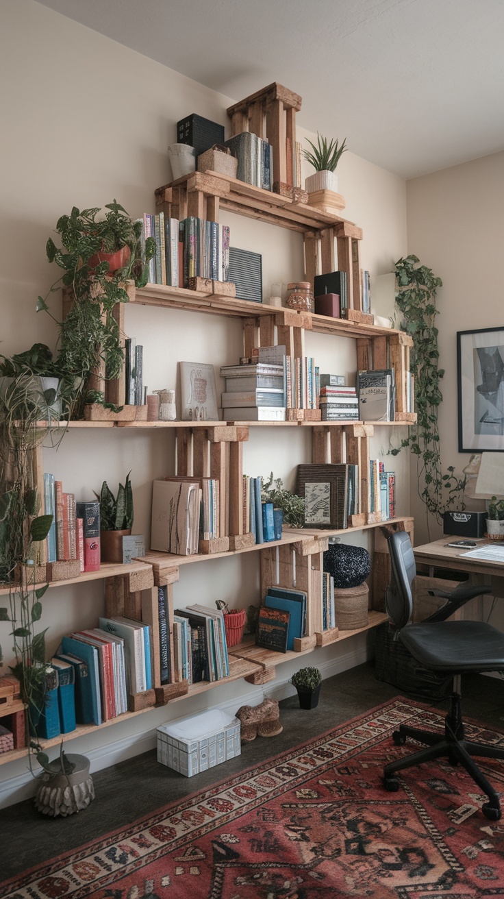 A stylish wooden shelving unit filled with books and plants in a cozy home office.