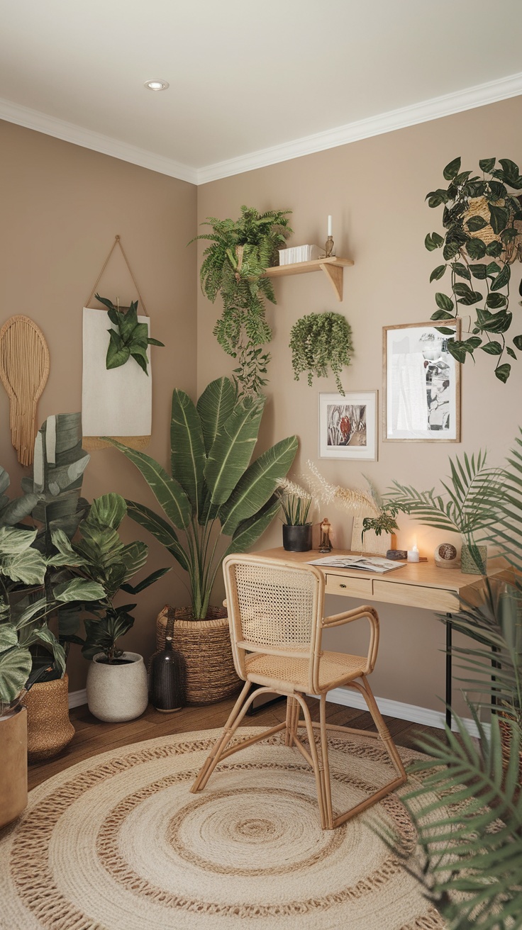 A cozy home office featuring plants and a wooden desk, creating an urban jungle aesthetic.