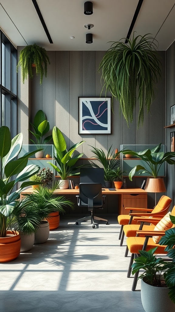 An Urban Jungle Office featuring lush green plants, modern furniture, and a bright, airy atmosphere.