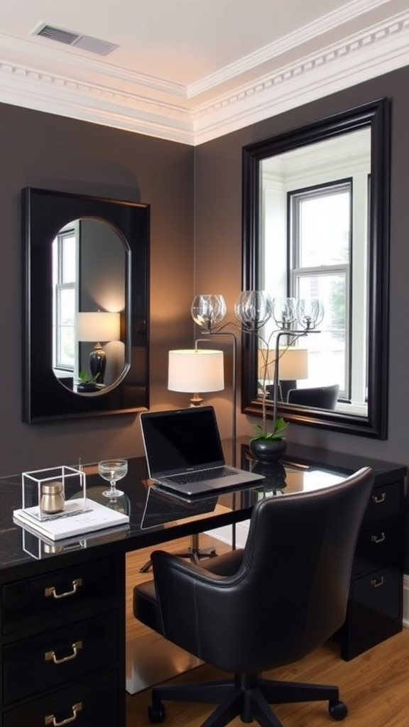 A stylish office space featuring a desk, a laptop, and two mirrors on the wall.