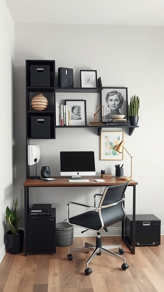 A modern workspace featuring a desk, computer, and stylish wall shelves with decor.