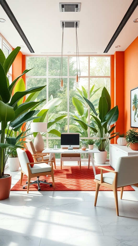 A vibrant office space with orange walls, large windows, and plenty of plants, featuring modern furniture.