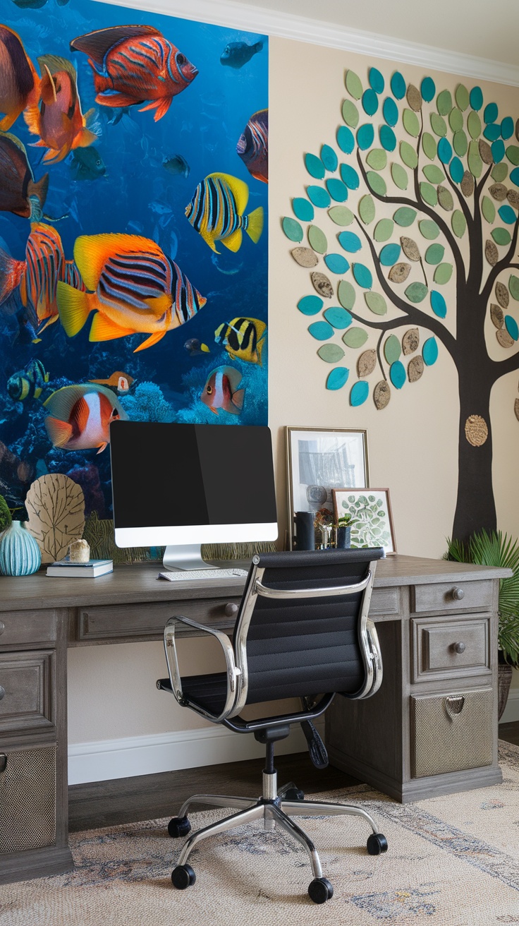 A home office featuring vibrant tropical fish wall art, a modern desk, and a leafy wall decor piece.