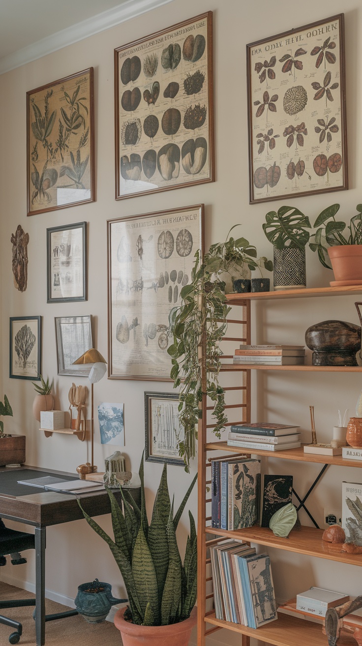 A home office wall decorated with vintage botanical charts, plants, and wooden shelves.