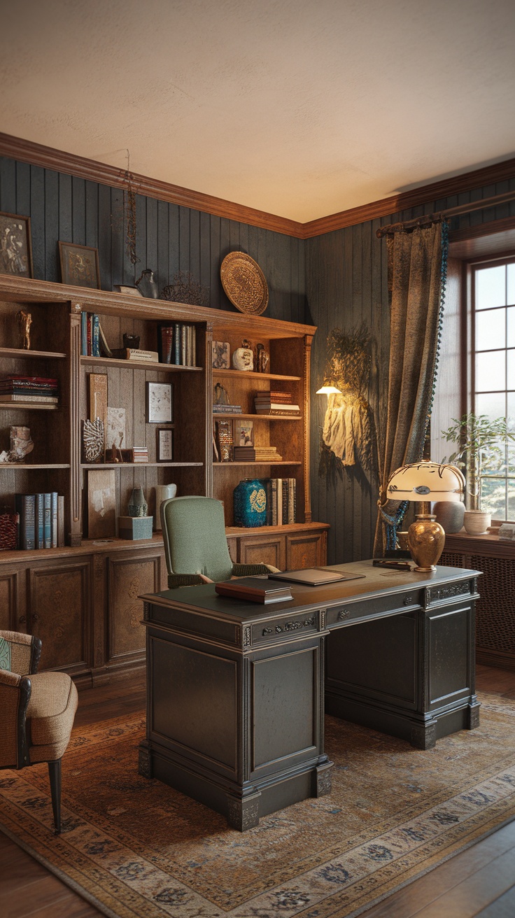 A vintage home office with wooden built-ins, a classic desk, and warm lighting.