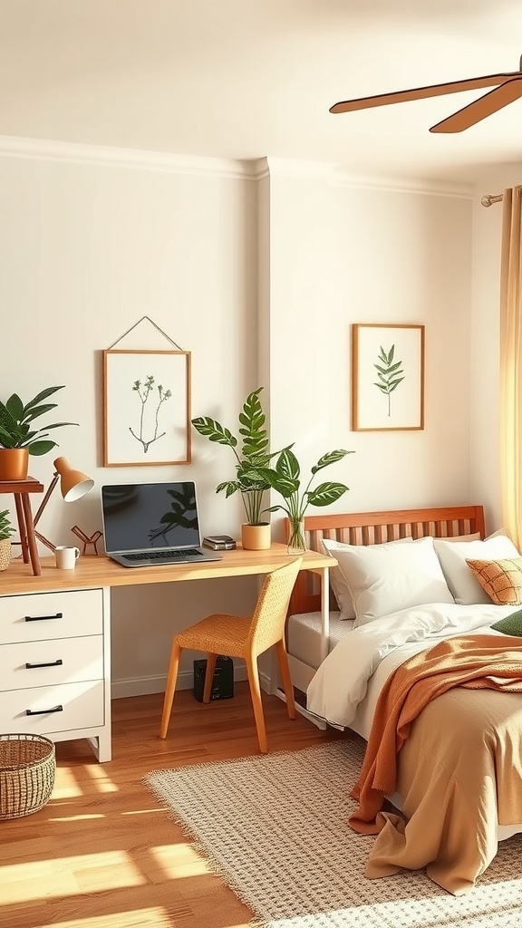 A warm beige bedroom with a desk for home office, featuring plants and natural decor.