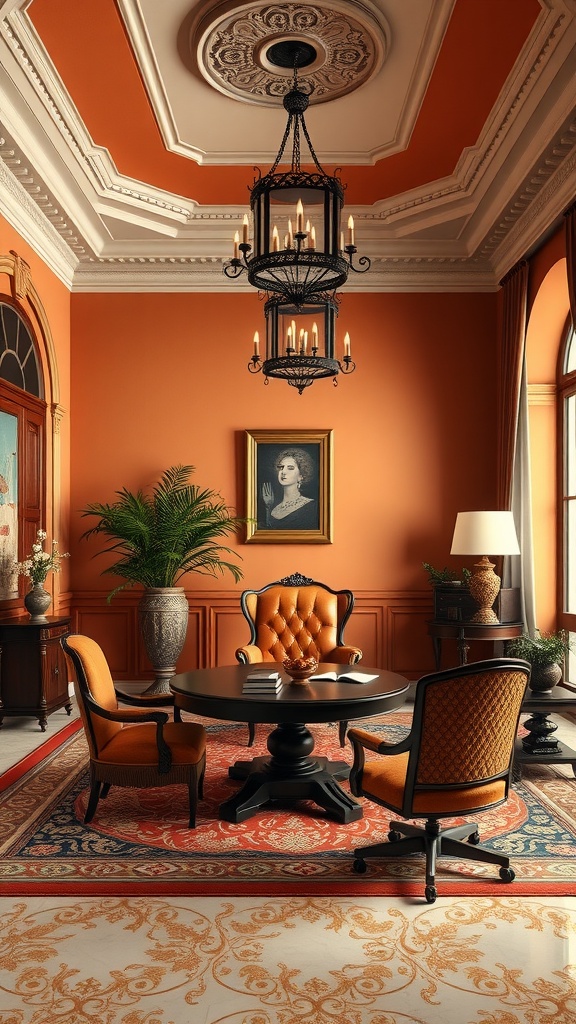 An elegant executive office with warm orange walls, vintage furniture, and a sophisticated chandelier.