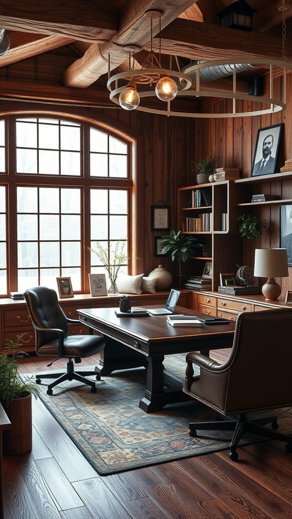 An elegantly designed executive office showcasing a warm vintage farmhouse style with wooden furniture and large windows.