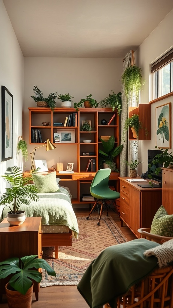 Cozy bedroom office with warm walnut furniture and fern green accents