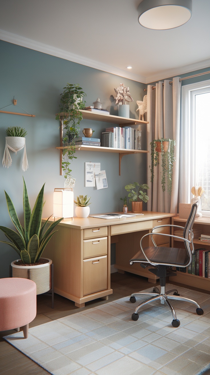 A beautifully designed wellness-oriented home office with plants, a wooden desk, and soft blue walls.