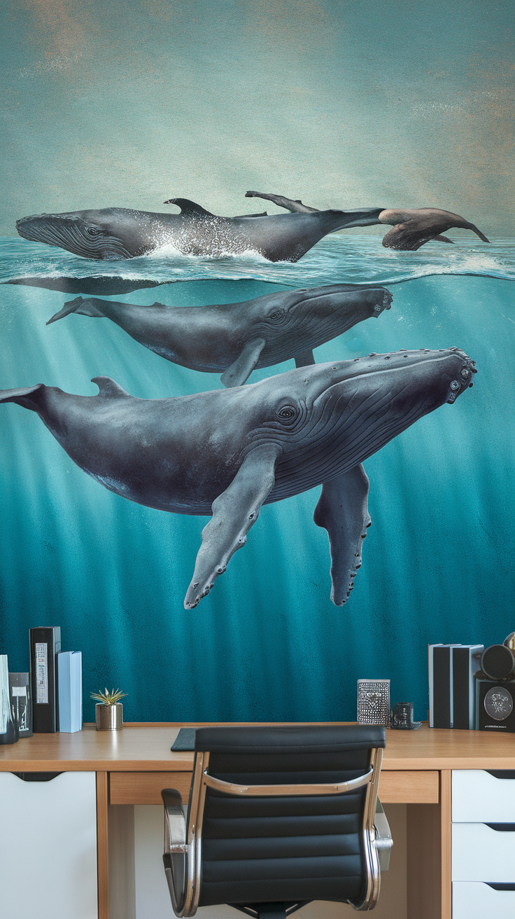 A series of whales swimming gracefully in the ocean, showcasing their tails above the water.