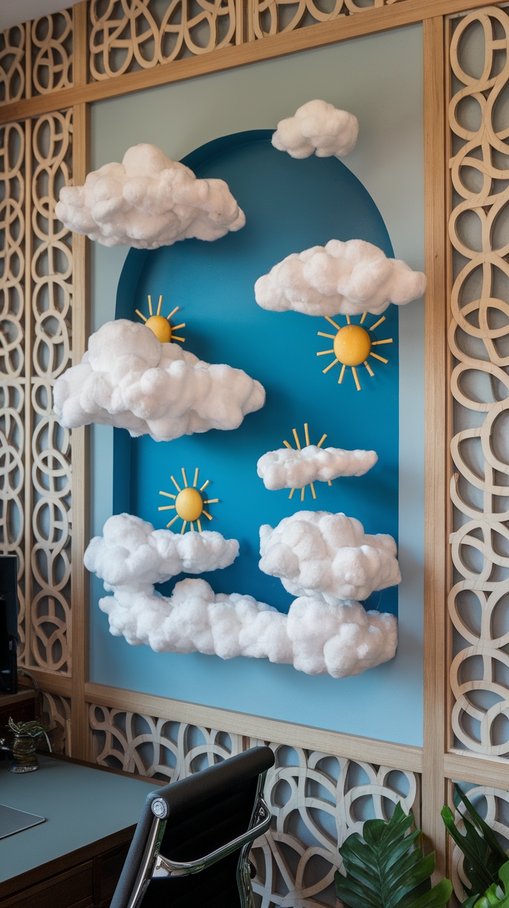 Colorful cloud and sun wall art in a home office setting