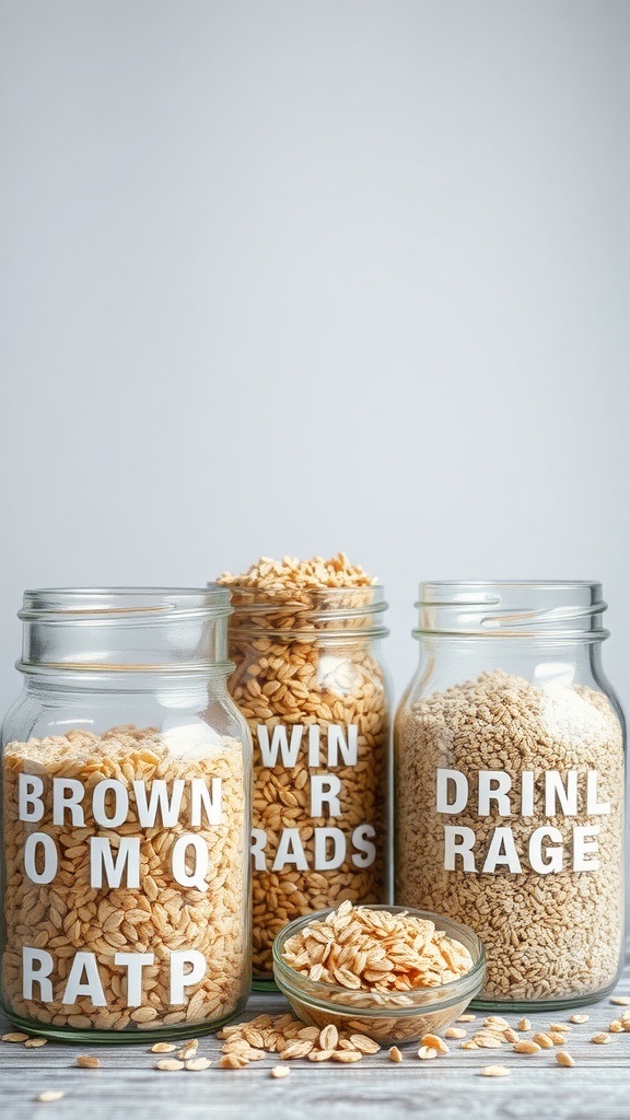 Glass jars filled with different whole grains, labeled for easy identification.