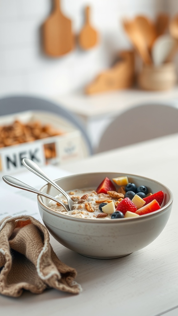 Bowl of oatmeal topped with fruits and nuts on a light kitchen table.