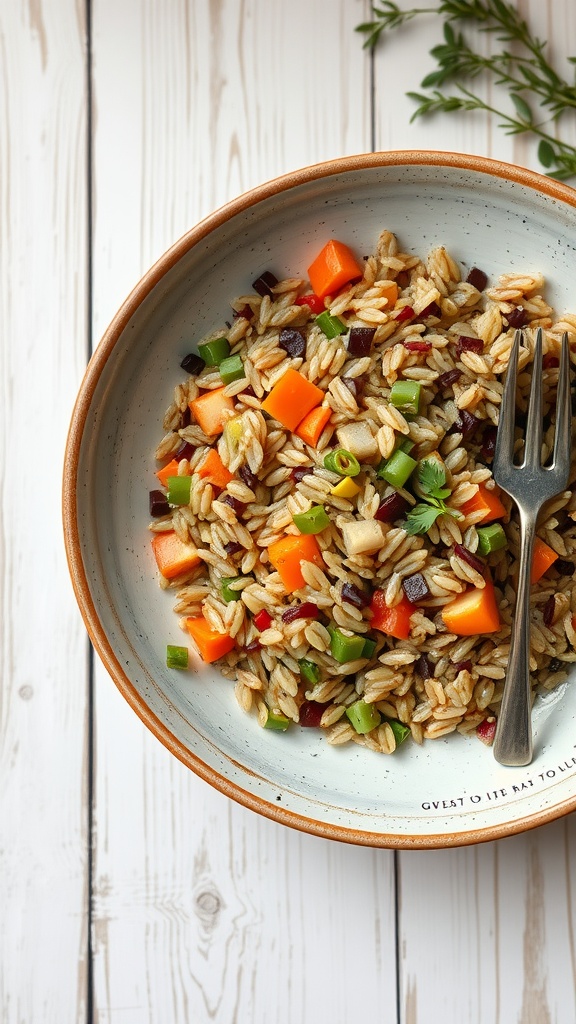 A bowl filled with wild rice mixed with colorful vegetables, served on a wooden table