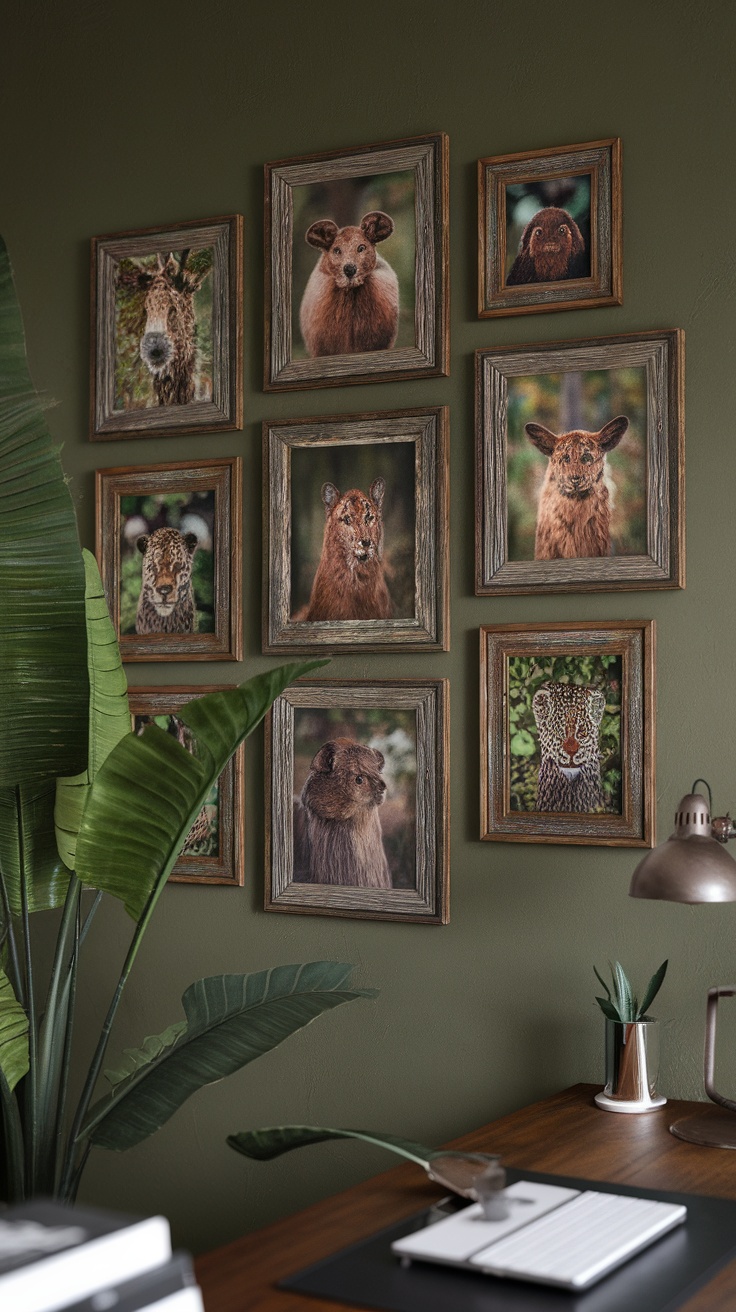 Gallery wall of wildlife portraits framed in rustic wooden frames against a green wall with a desk and plant in view.