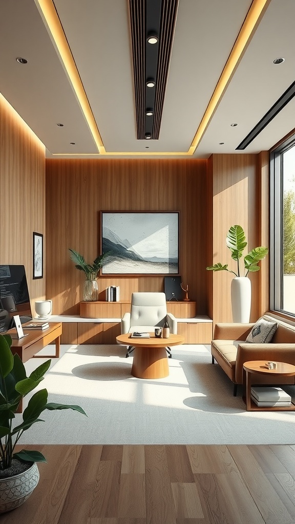 A modern executive office interior featuring wooden panels, natural lighting, and stylish furniture.