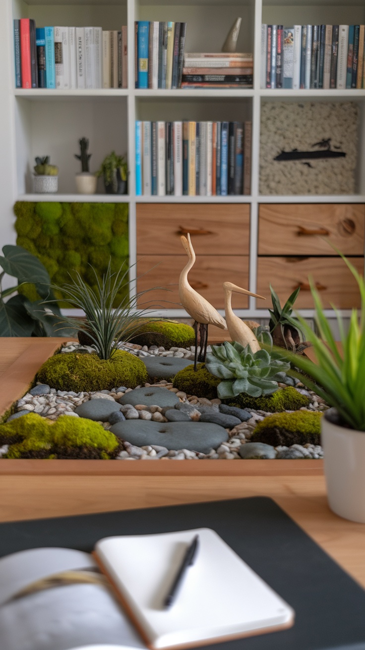 A zen garden setup on a desk featuring moss, stones, and wooden cranes, with books and greenery in the background.