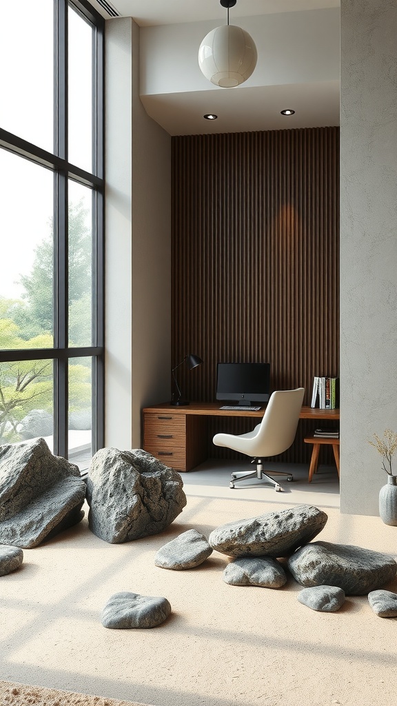 A serene home office featuring large windows, smooth stones on the floor, and wooden accents, inspired by Zen garden design.