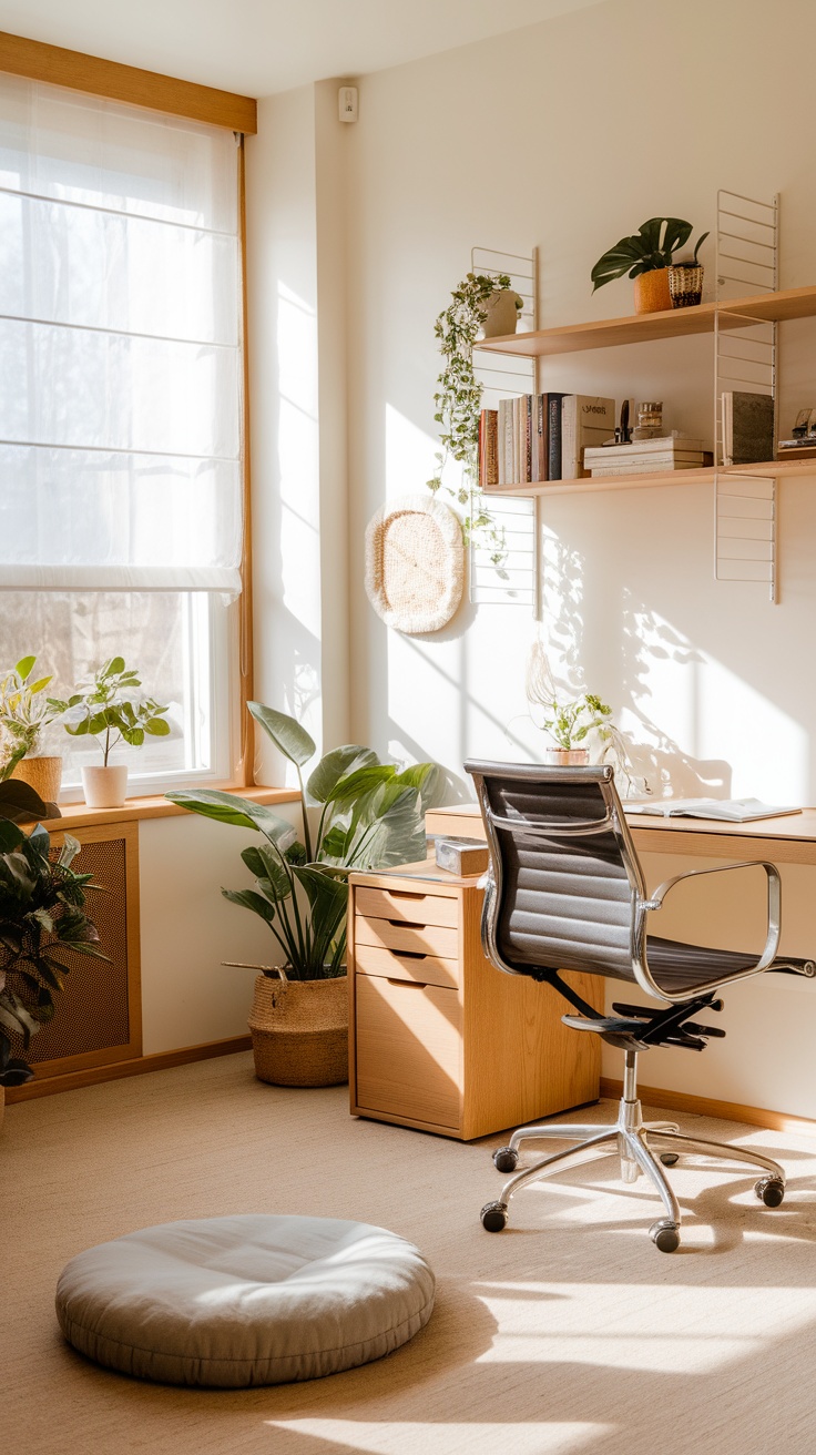 A bright home office setup with a desk, chair, meditation cushion, and plants.