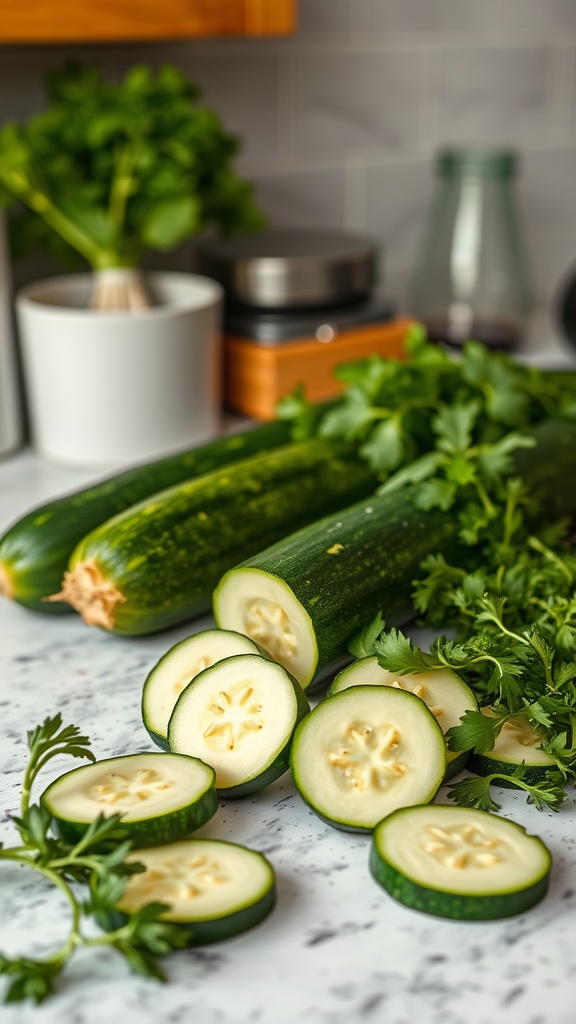 Fresh zucchinis sliced on a kitchen counter with parsley in the background